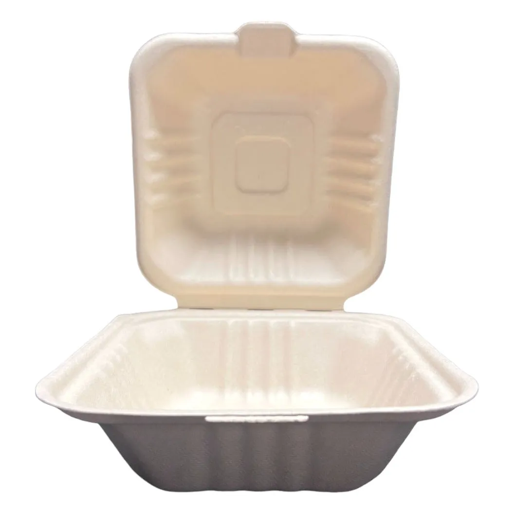 6"x6"x3" BIODEGRADABLE COMPOSTABLE BAGASSE PULP HINGED CONTAINERS 500CT
