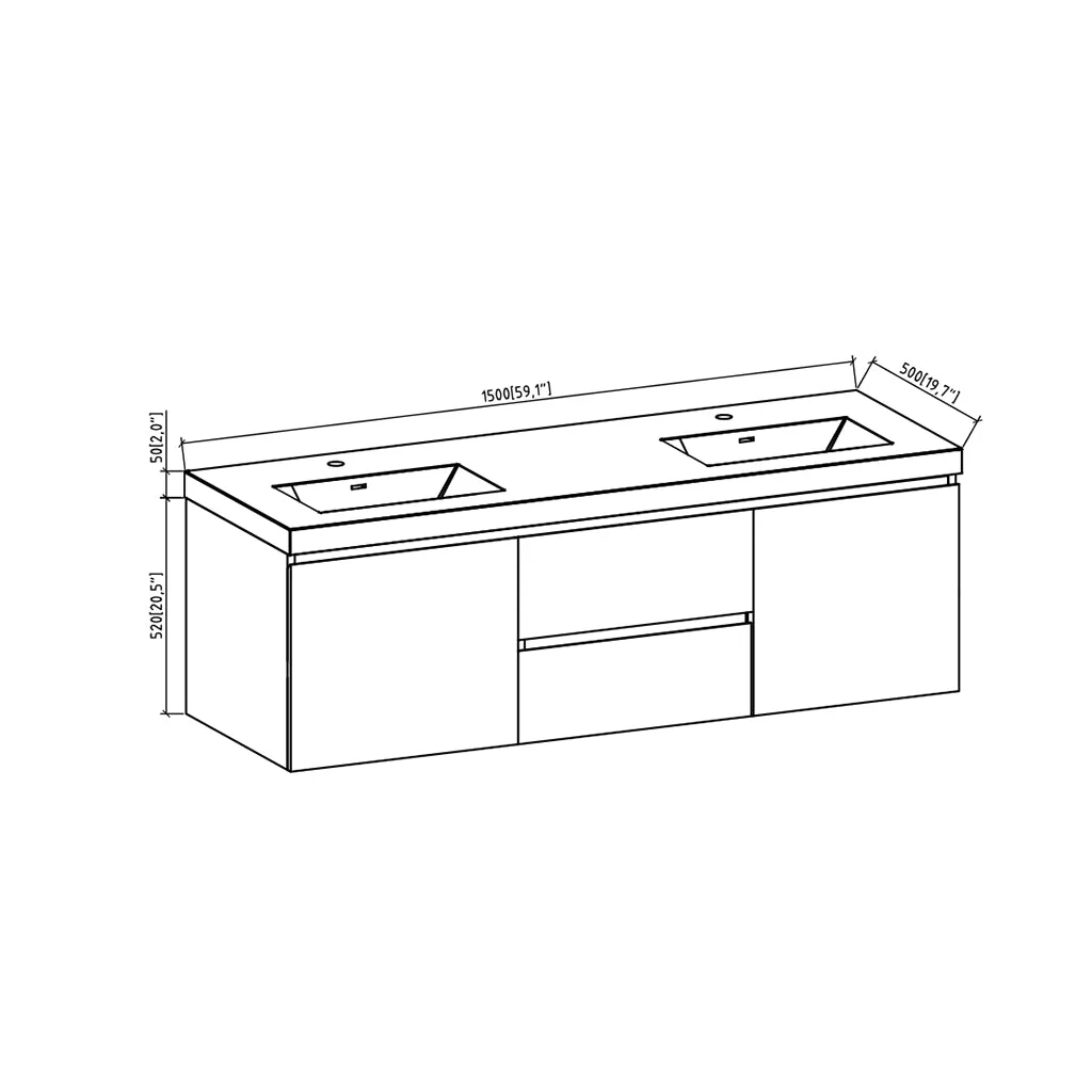 Angela 2 Doors And 2 Drawers Bathroom Vanity with Solid Surface Double Sink - Wall Mount - 60" Melanime Faced Chipboard/High Glossy White - Last Unit Special Offer