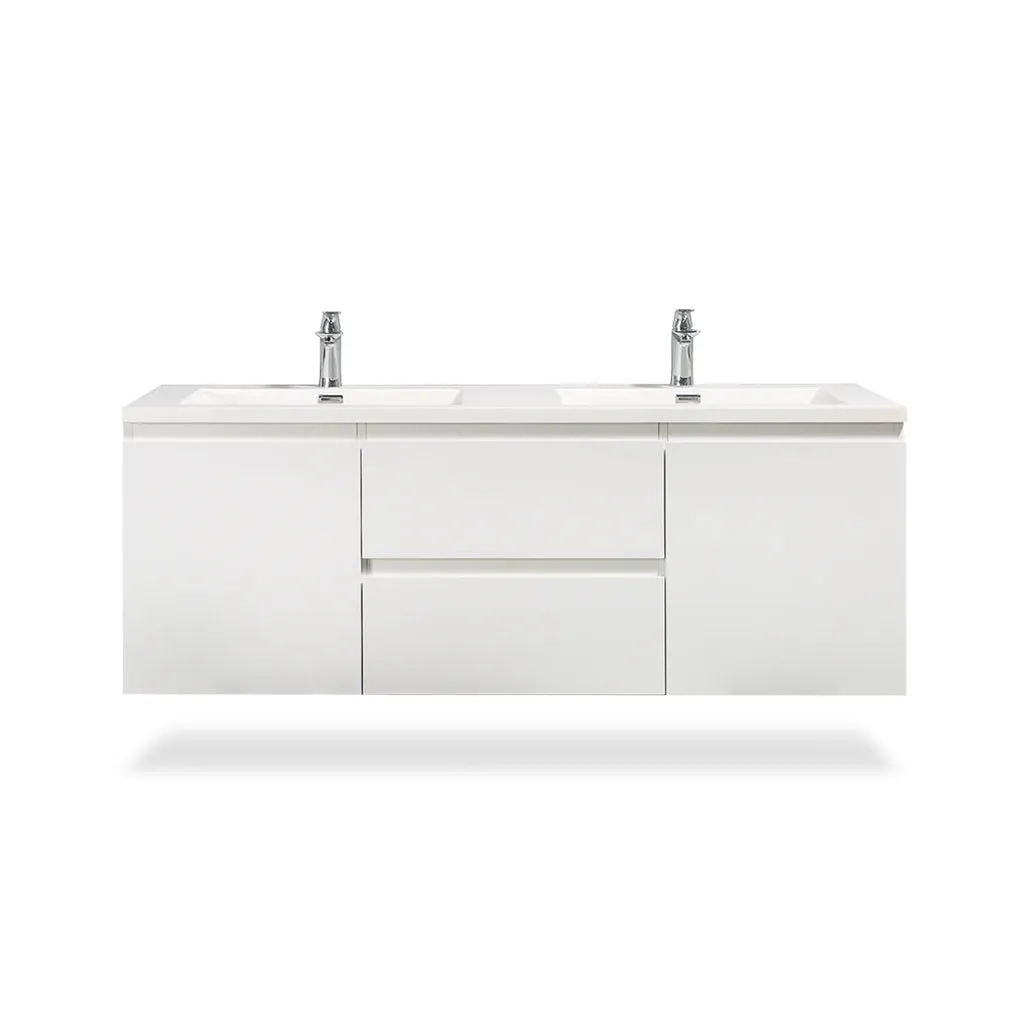 Angela 2 Doors And 2 Drawers Bathroom Vanity with Solid Surface Double Sink - Wall Mount - 60" Melanime Faced Chipboard/High Glossy White - Last Unit Special Offer
