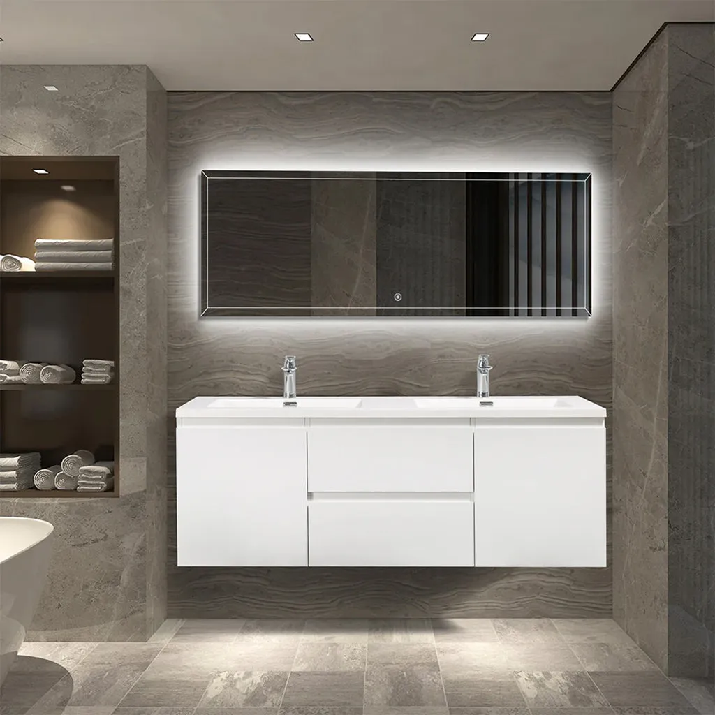 Angela 2 Doors And 2 Drawers Bathroom Vanity with Solid Surface Double Sink - Wall Mount - 60" Melanime Faced Chipboard/High Glossy White - Last Unit Special Offer