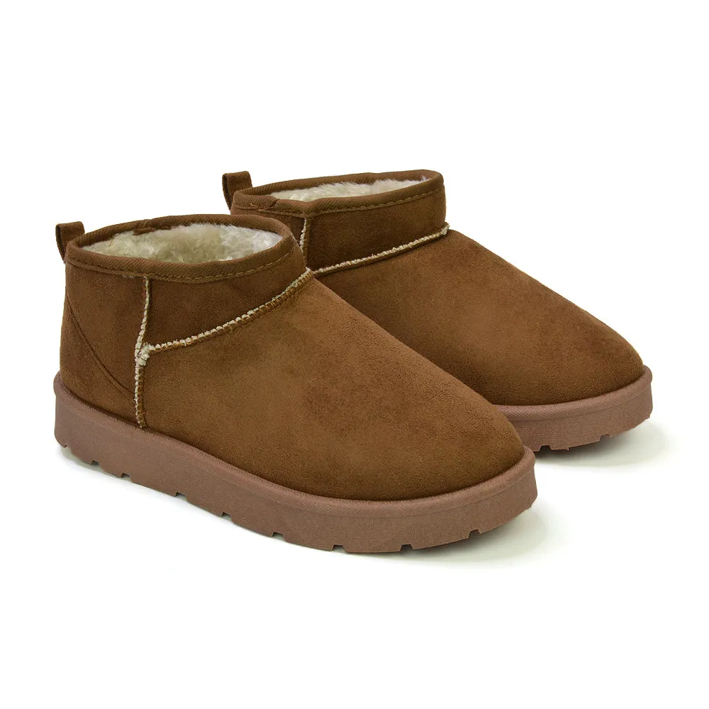 Angelina Flat Ankle Winter Ultra Mini Boots with Faux Fur Insole In Chestnut