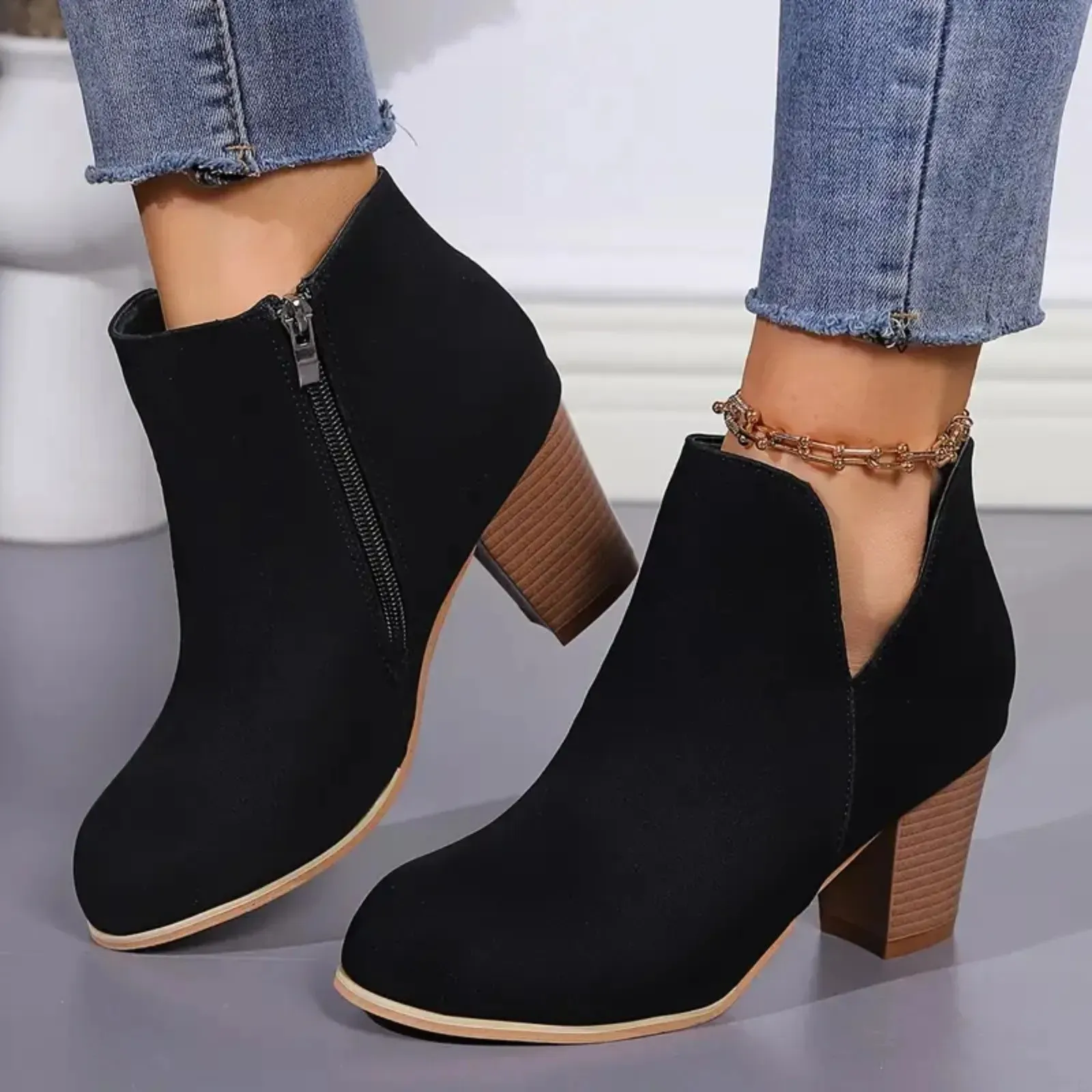 Ankle boot with block heel, V-seam and side zipper - women's ankle boots