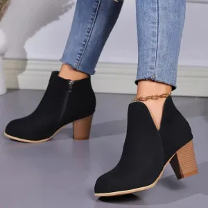 Ankle boot with block heel, V-seam and side zipper - women's ankle boots