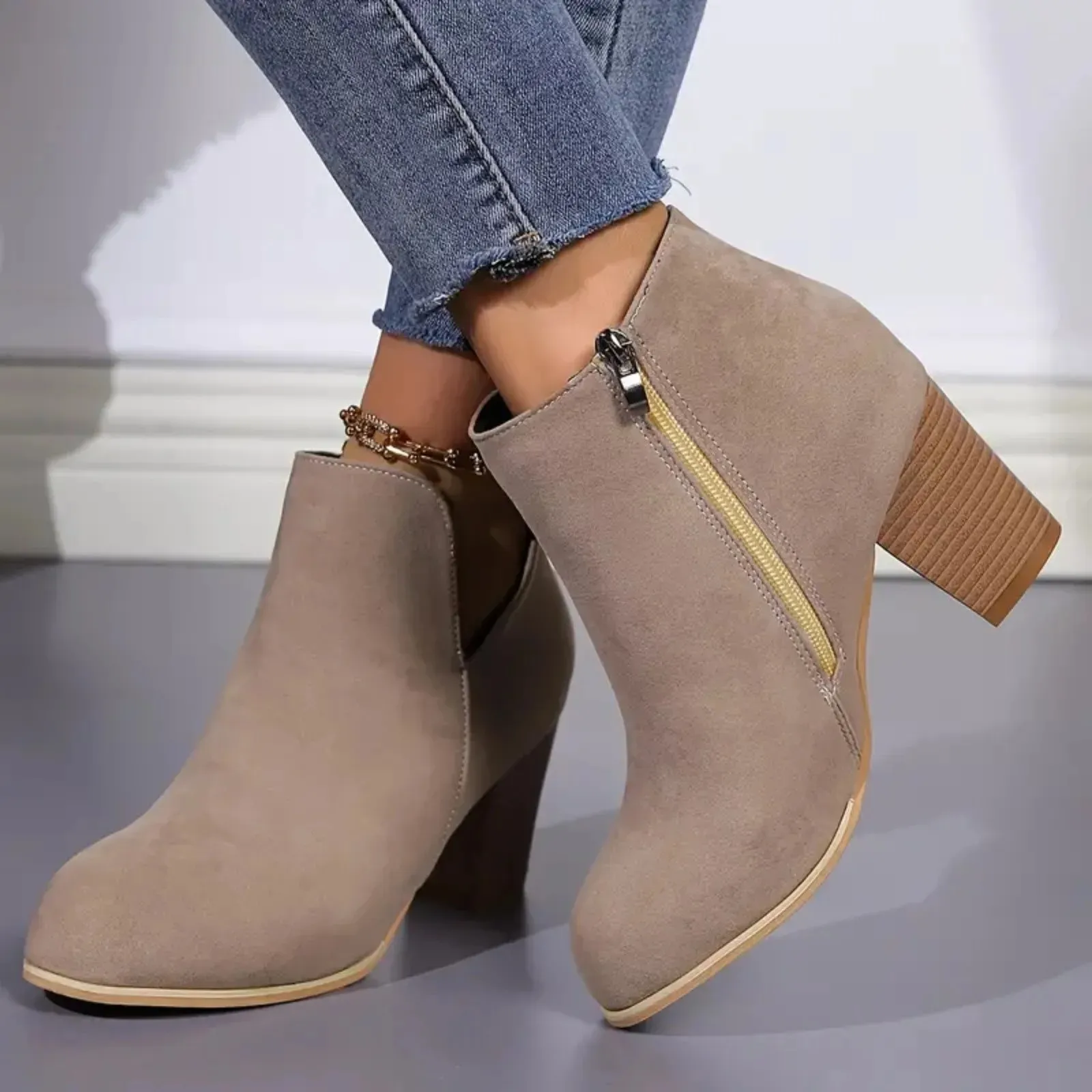 Ankle boot with block heel, V-seam and side zipper - women's ankle boots