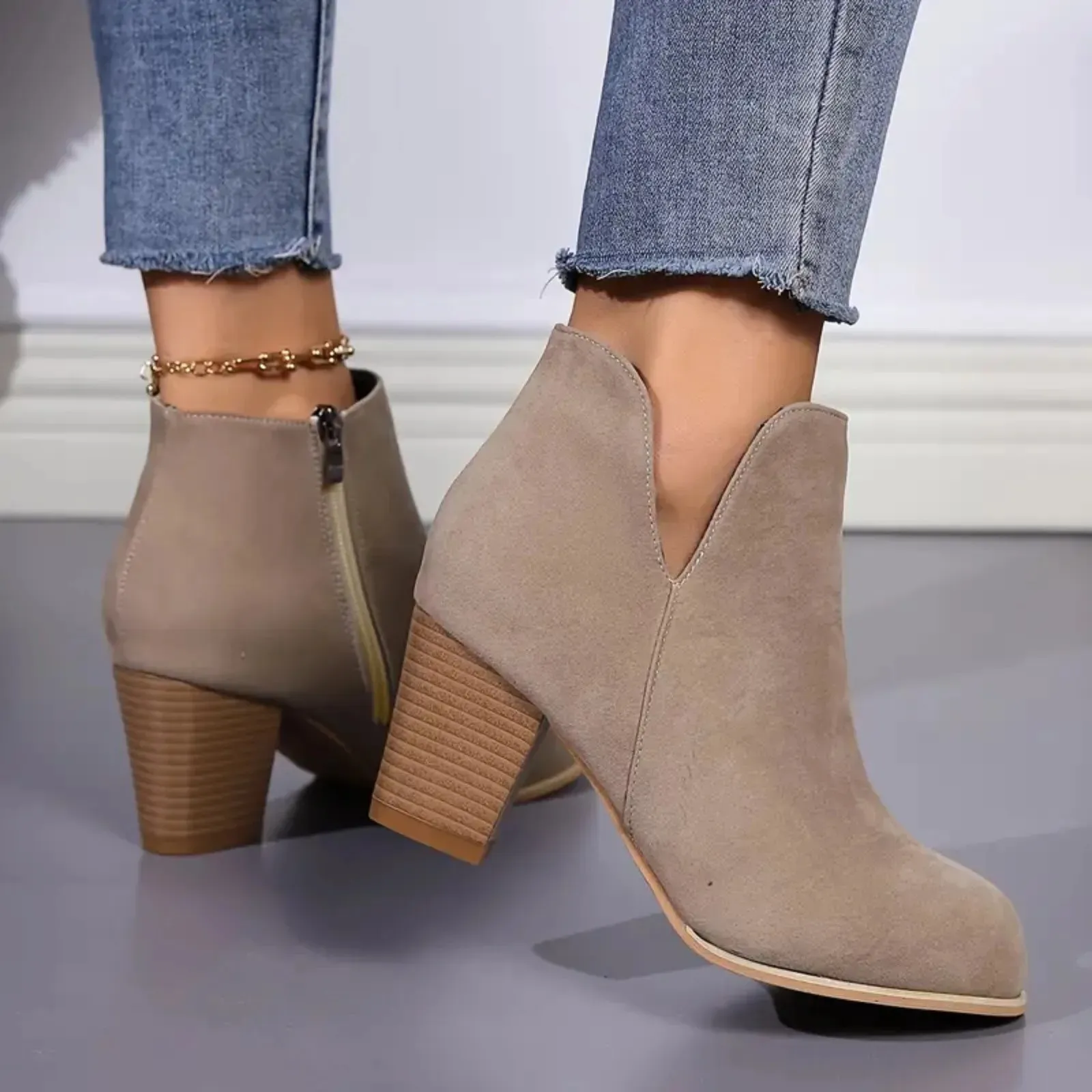 Ankle boot with block heel, V-seam and side zipper - women's ankle boots