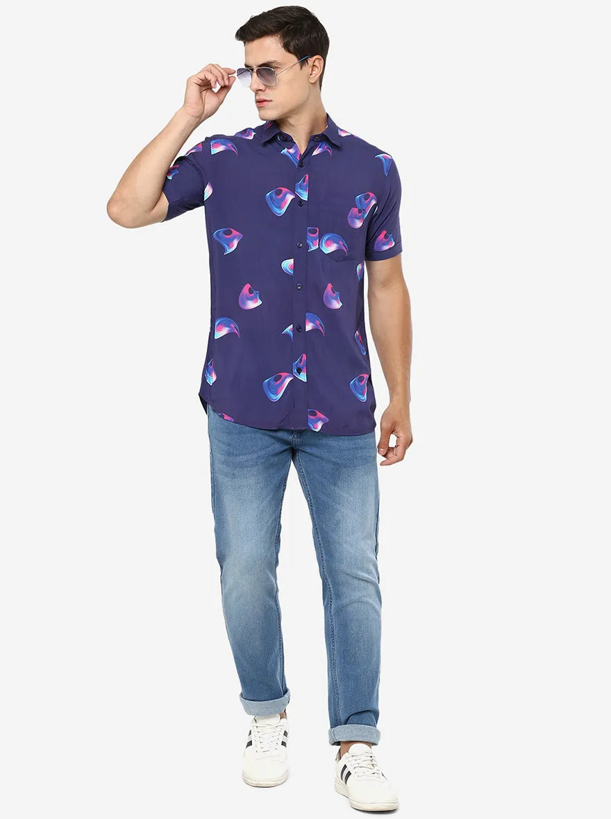 Blue Printed Slim Fit Semi Casual Shirt | JadeBlue