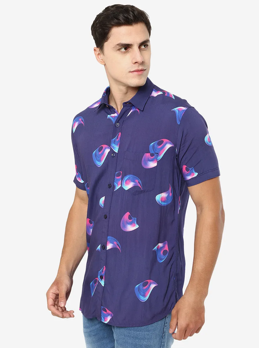 Blue Printed Slim Fit Semi Casual Shirt | JadeBlue