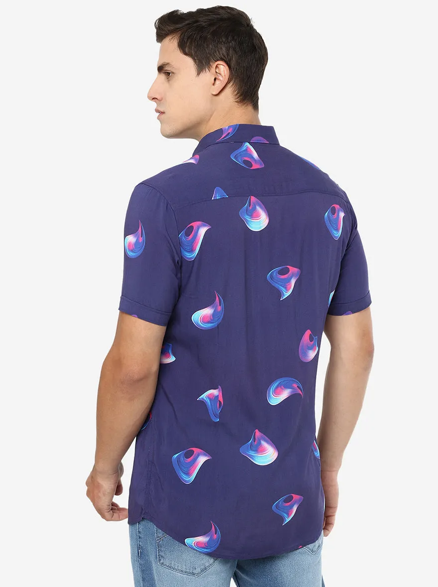 Blue Printed Slim Fit Semi Casual Shirt | JadeBlue