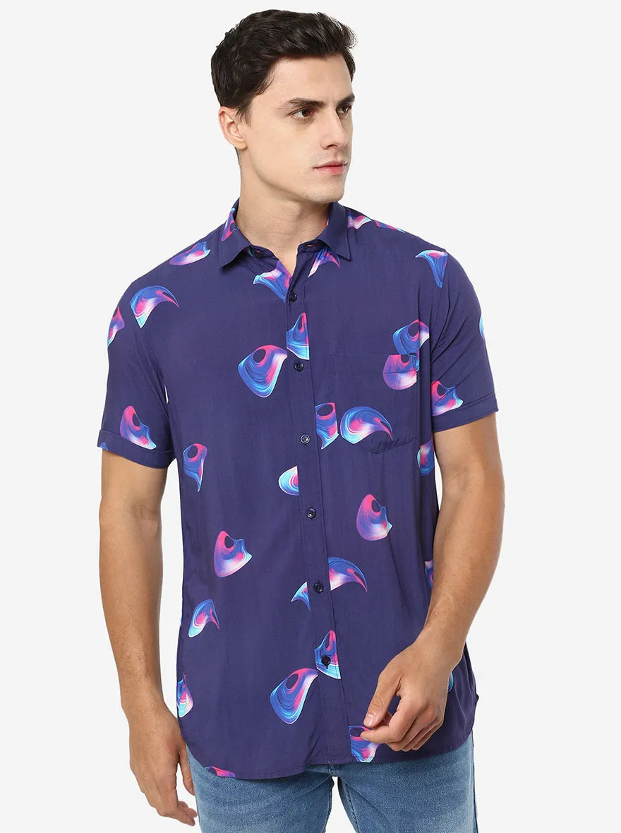 Blue Printed Slim Fit Semi Casual Shirt | JadeBlue