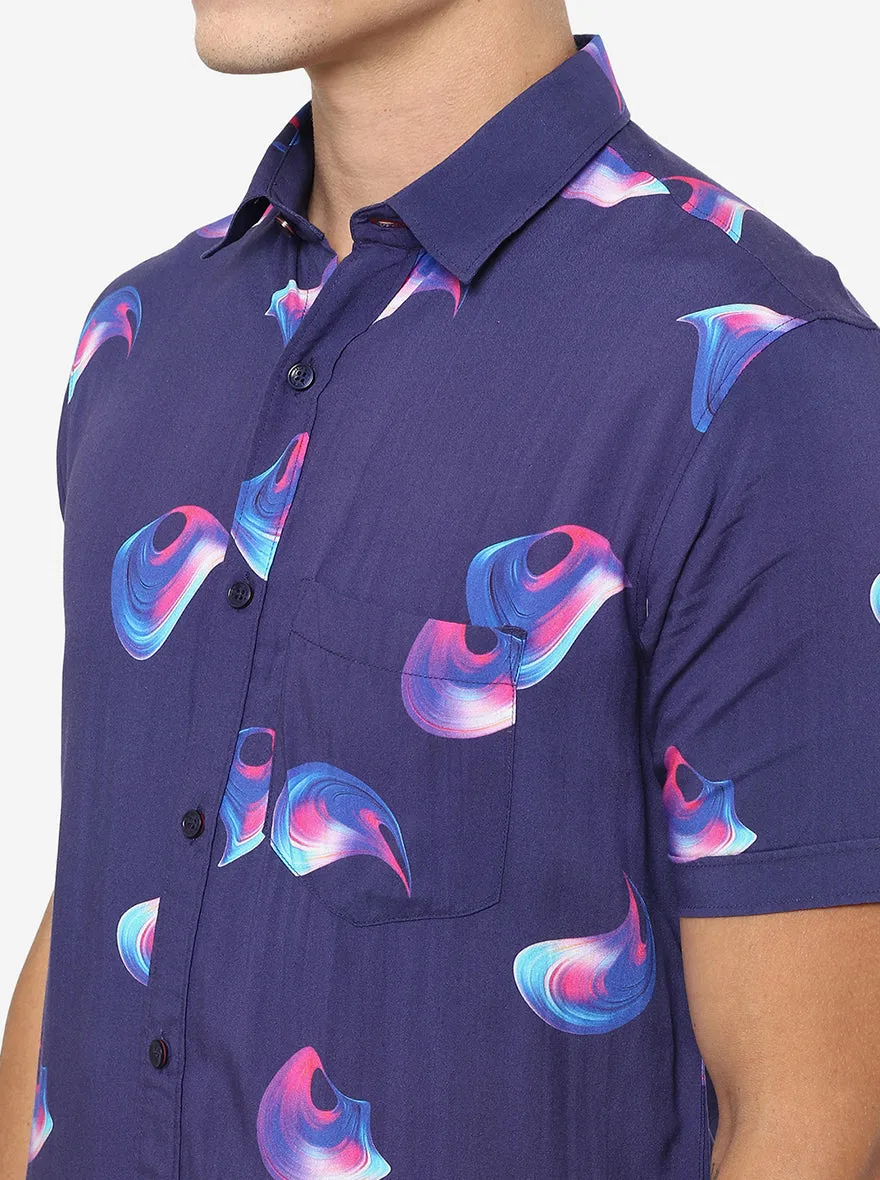 Blue Printed Slim Fit Semi Casual Shirt | JadeBlue
