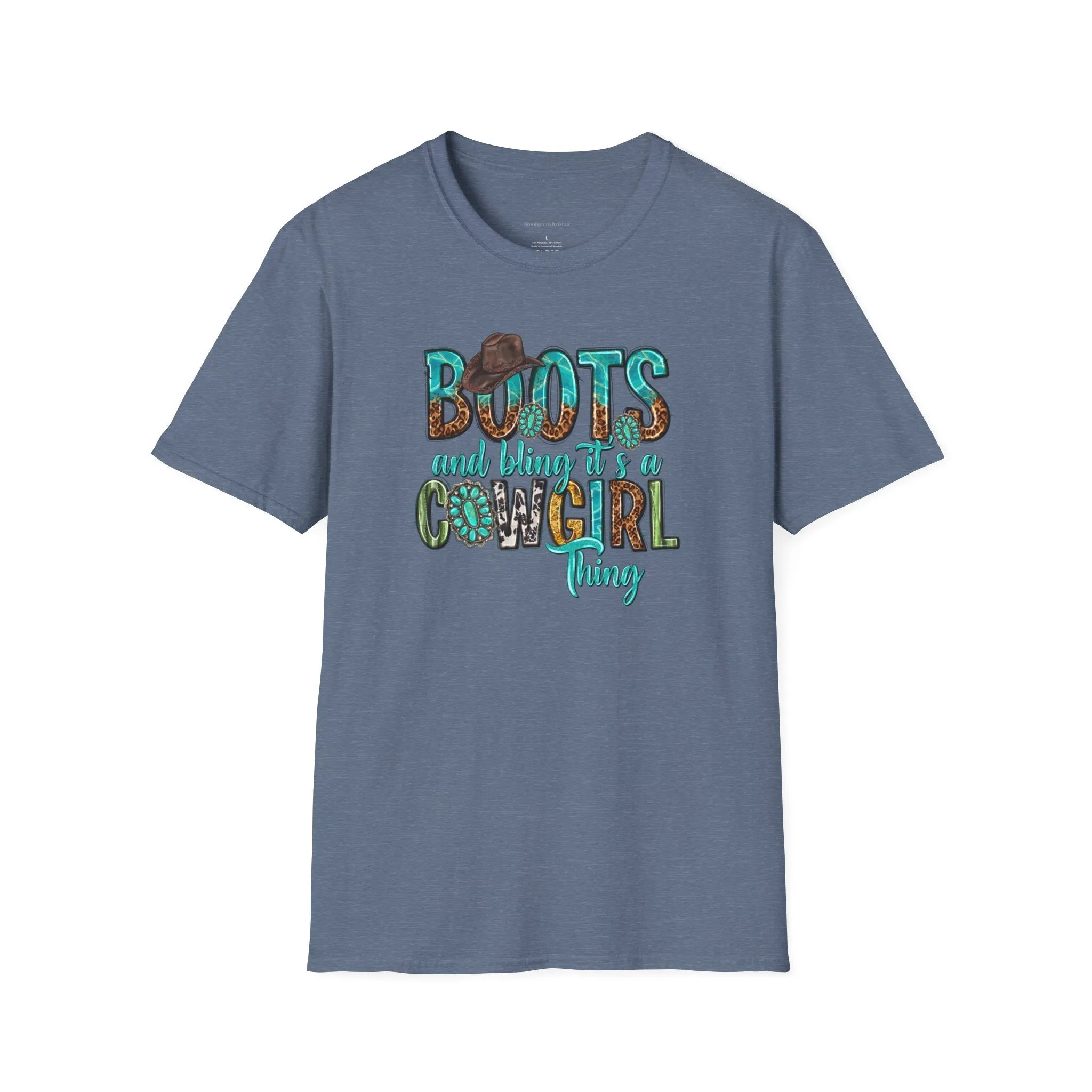 Boots and Bling, Cowgirl Shirt, Turquoise and Leopard Shirt, Rodeo Tee, Softstyle T-Shirt
