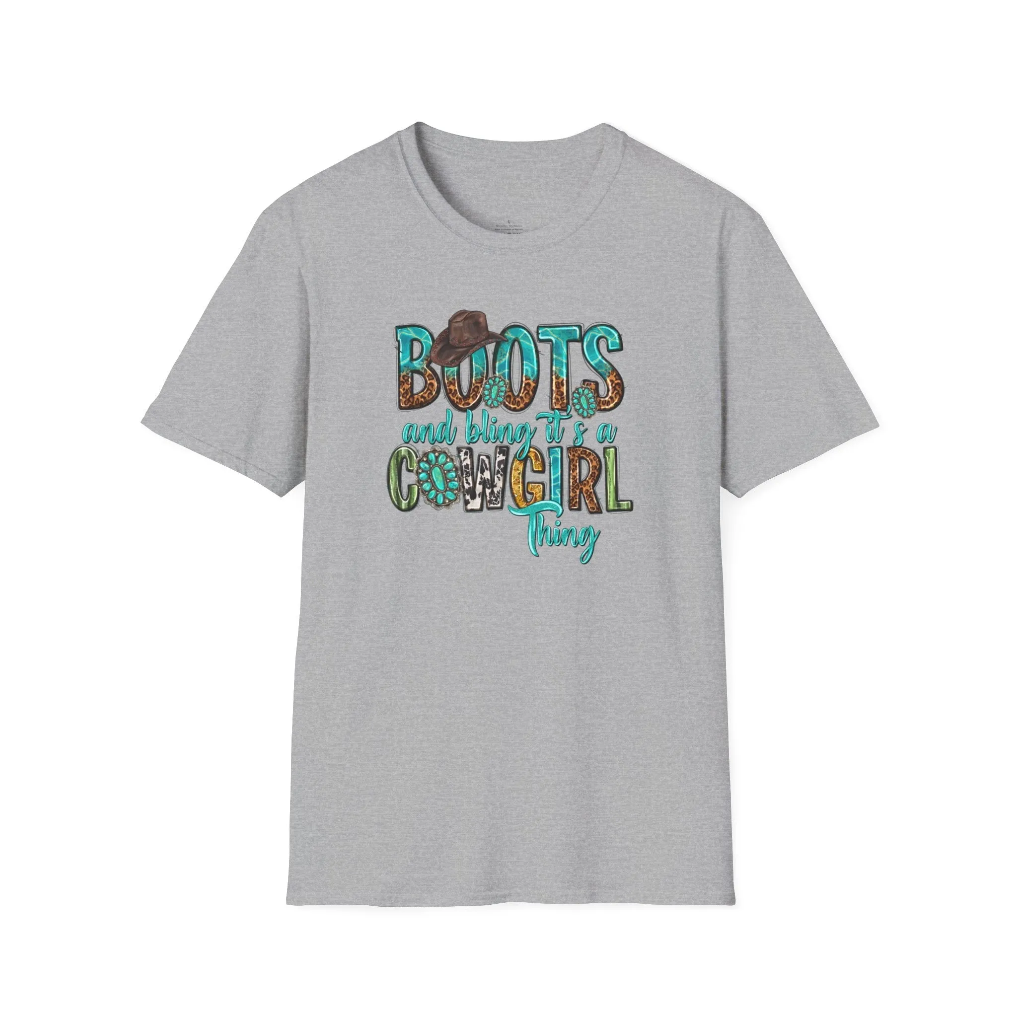 Boots and Bling, Cowgirl Shirt, Turquoise and Leopard Shirt, Rodeo Tee, Softstyle T-Shirt