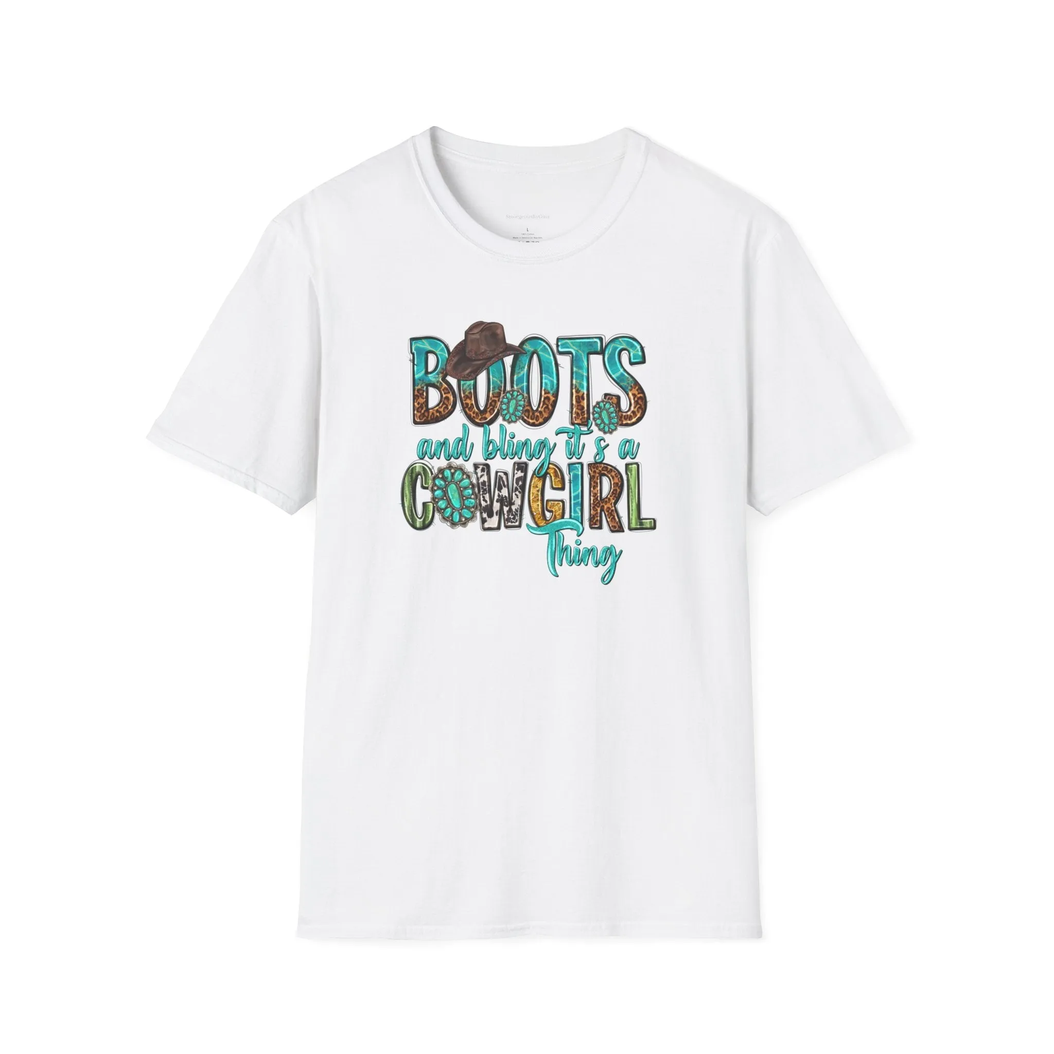 Boots and Bling, Cowgirl Shirt, Turquoise and Leopard Shirt, Rodeo Tee, Softstyle T-Shirt