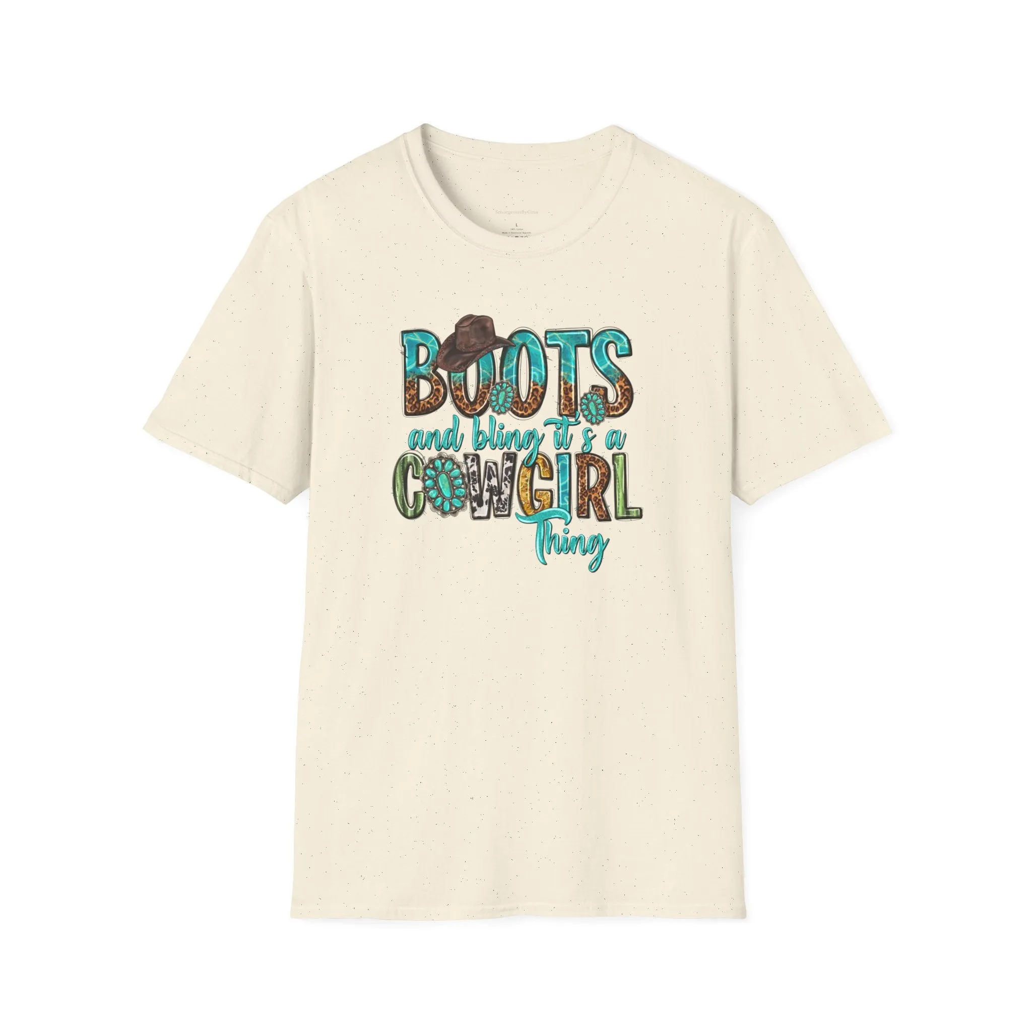 Boots and Bling, Cowgirl Shirt, Turquoise and Leopard Shirt, Rodeo Tee, Softstyle T-Shirt