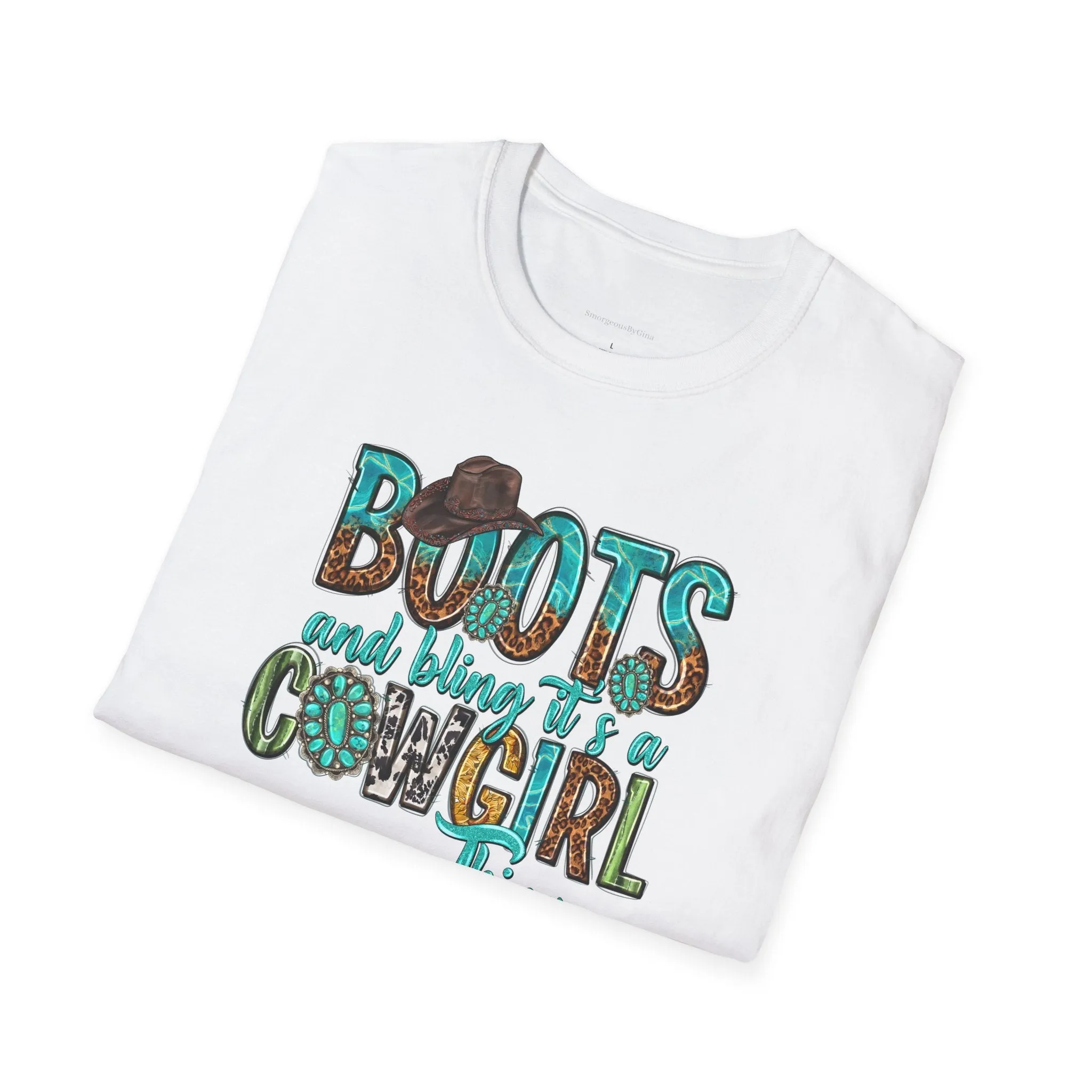 Boots and Bling, Cowgirl Shirt, Turquoise and Leopard Shirt, Rodeo Tee, Softstyle T-Shirt