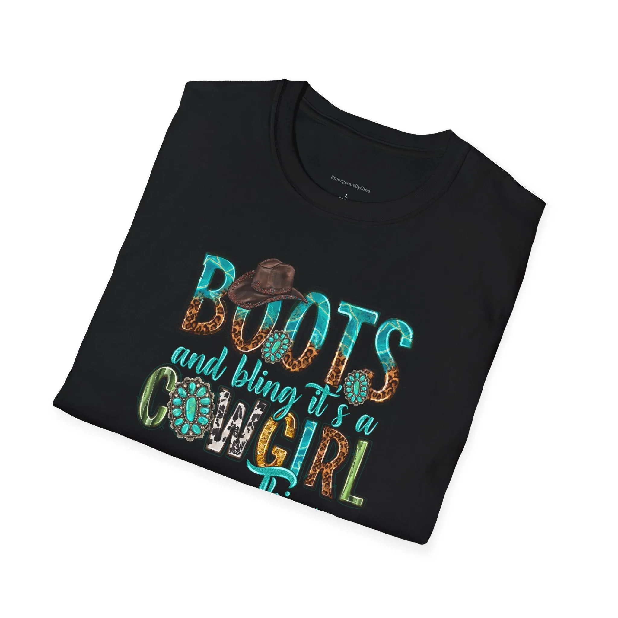 Boots and Bling, Cowgirl Shirt, Turquoise and Leopard Shirt, Rodeo Tee, Softstyle T-Shirt
