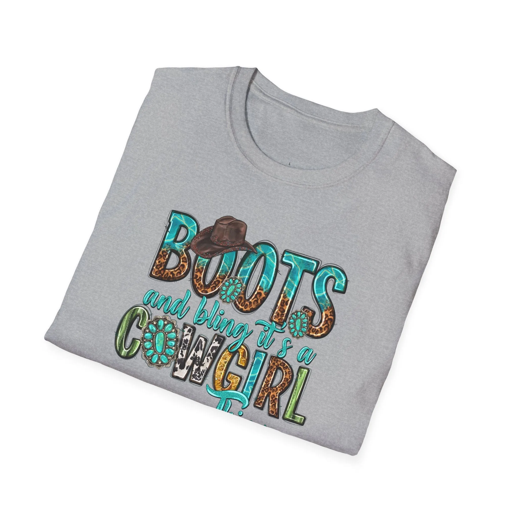Boots and Bling, Cowgirl Shirt, Turquoise and Leopard Shirt, Rodeo Tee, Softstyle T-Shirt