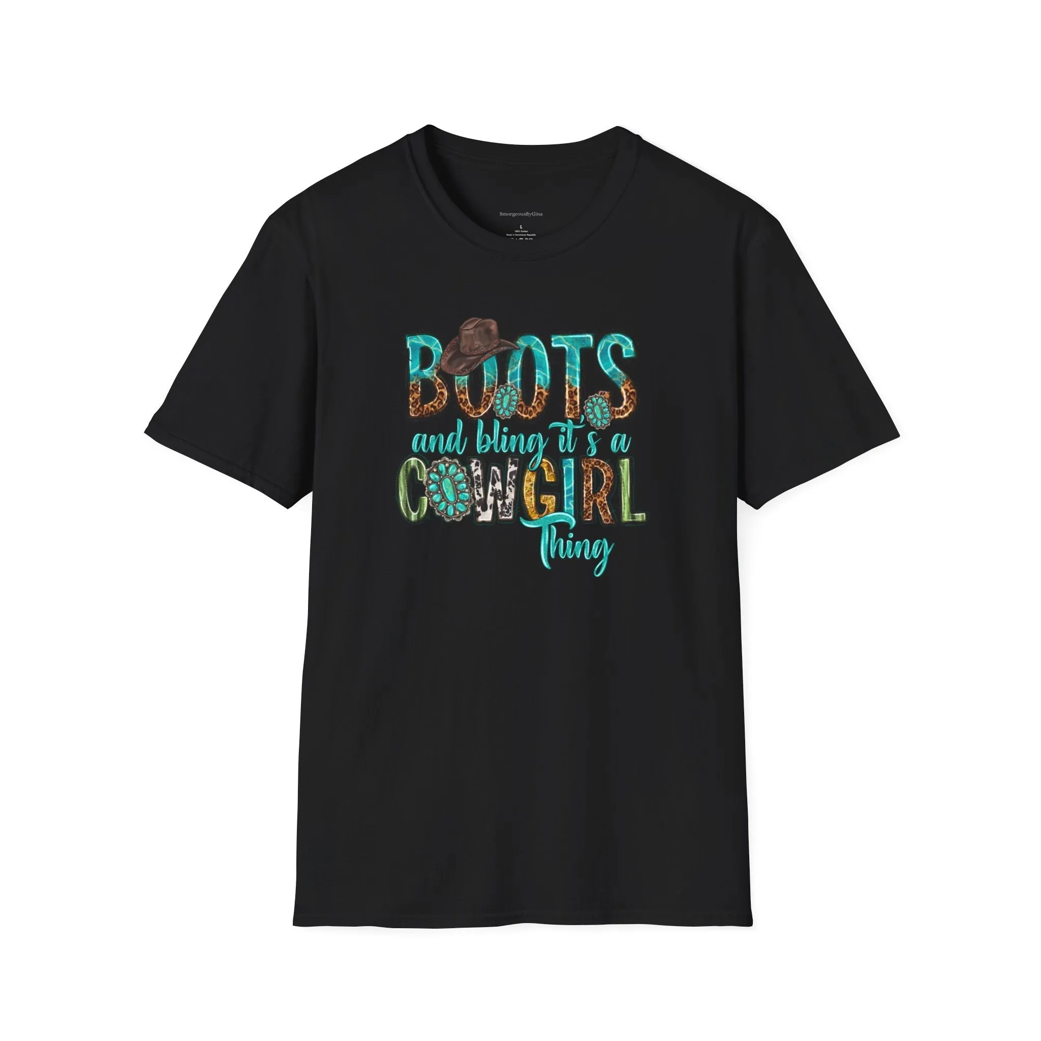 Boots and Bling, Cowgirl Shirt, Turquoise and Leopard Shirt, Rodeo Tee, Softstyle T-Shirt