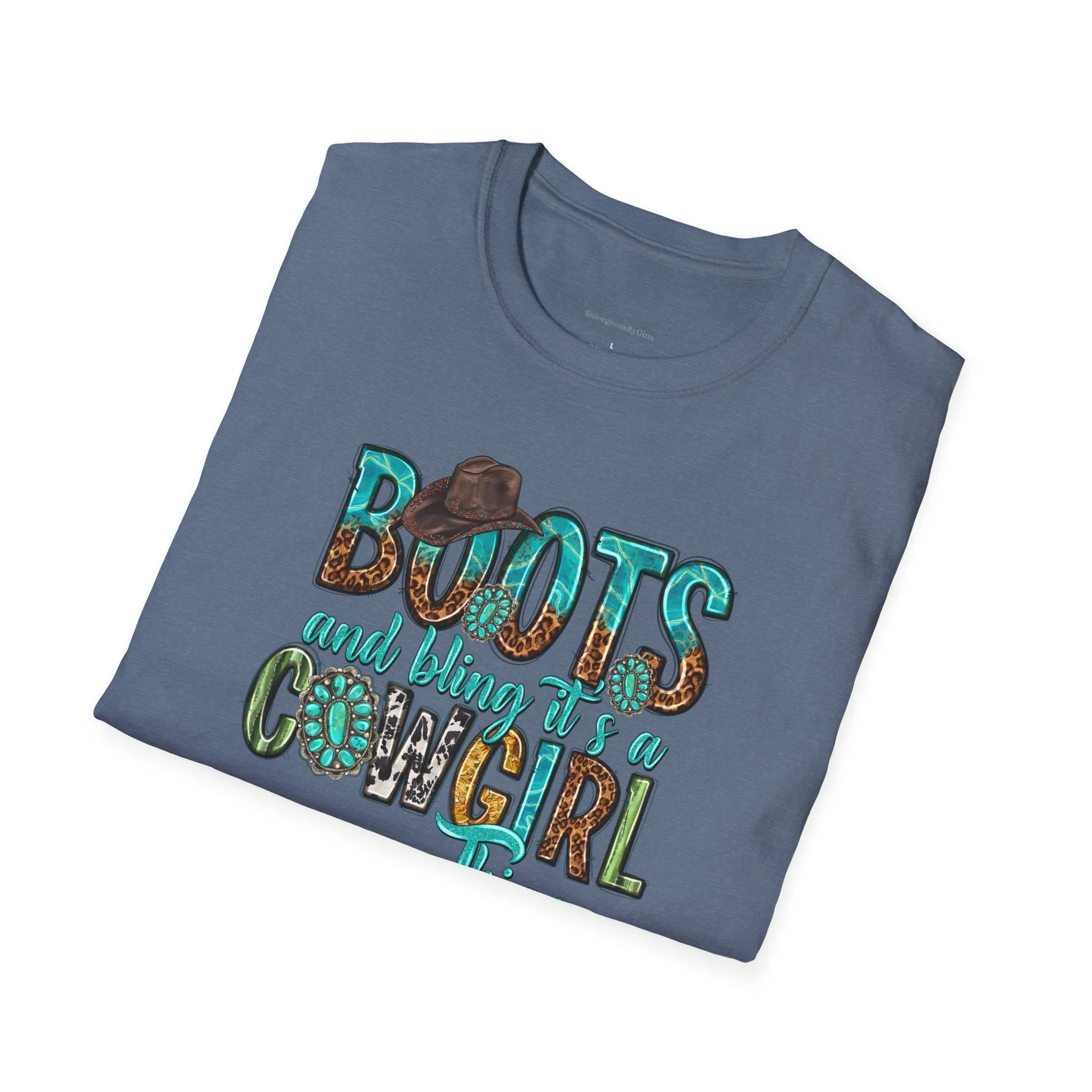Boots and Bling, Cowgirl Shirt, Turquoise and Leopard Shirt, Rodeo Tee, Softstyle T-Shirt