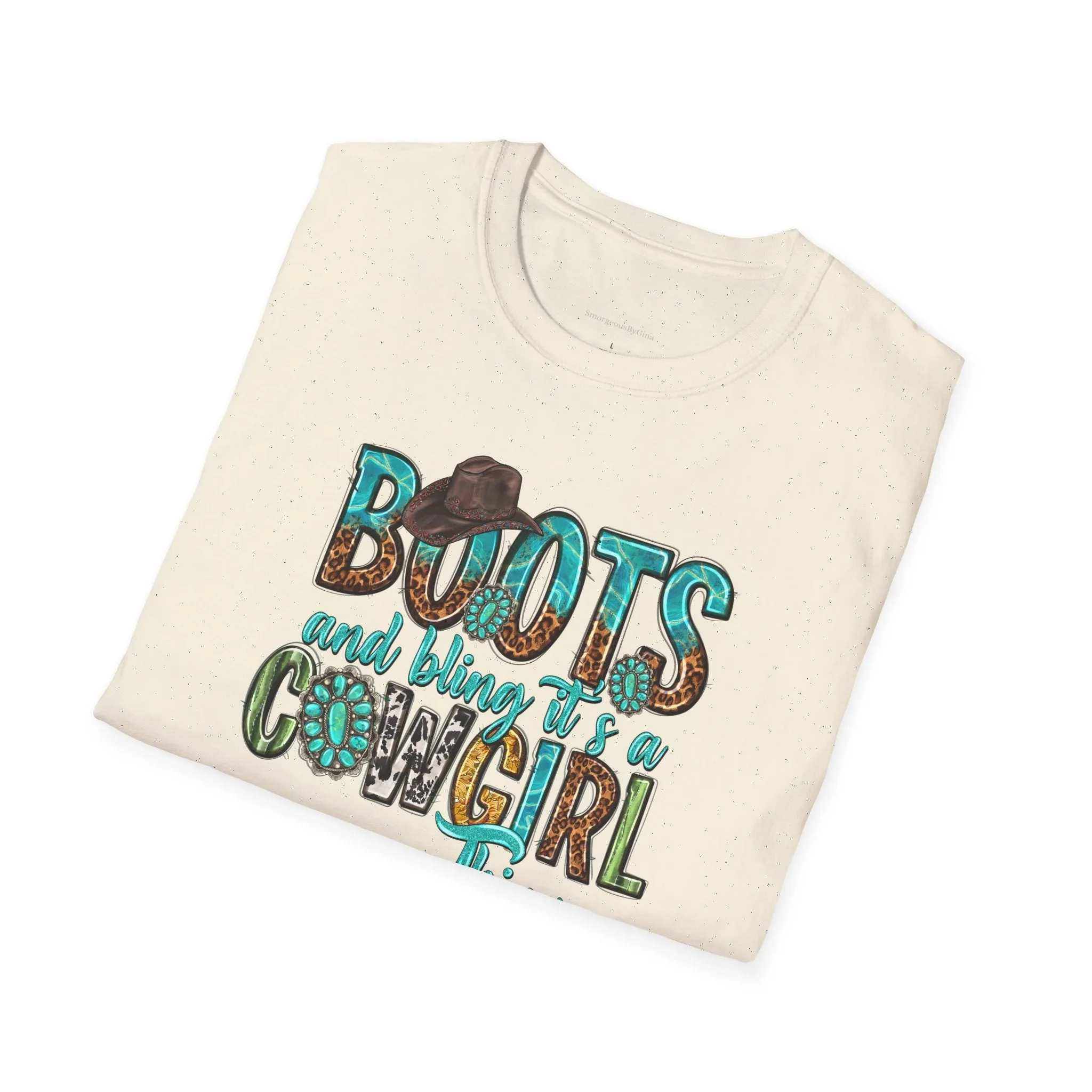 Boots and Bling, Cowgirl Shirt, Turquoise and Leopard Shirt, Rodeo Tee, Softstyle T-Shirt