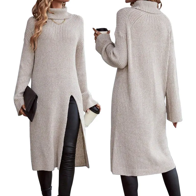 Cozy High-Neck Split Sweater Dress for Stylish Autumn and Winter Comfort