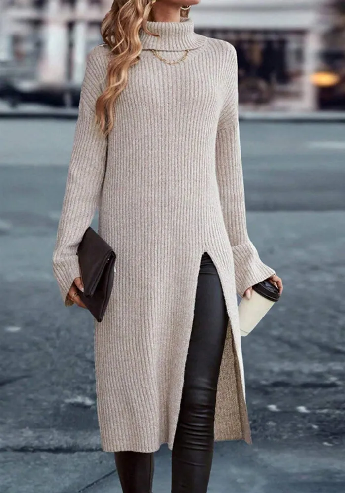 Cozy High-Neck Split Sweater Dress for Stylish Autumn and Winter Comfort