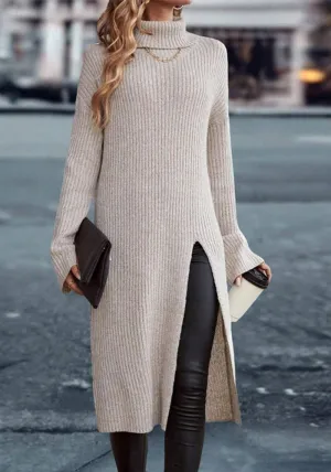 Cozy High-Neck Split Sweater Dress for Stylish Autumn and Winter Comfort