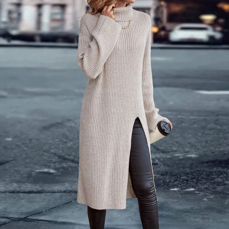 Cozy High-Neck Split Sweater Dress for Stylish Autumn and Winter Comfort
