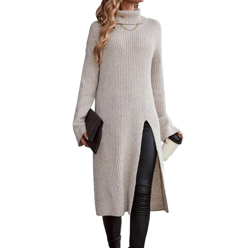 Cozy High-Neck Split Sweater Dress for Stylish Autumn and Winter Comfort