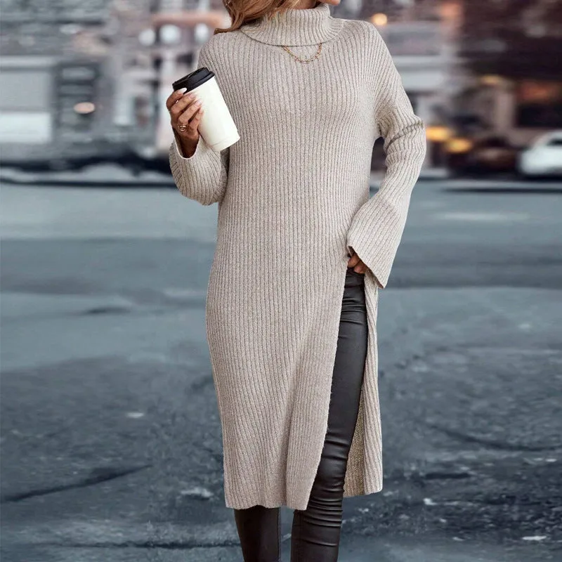 Cozy High-Neck Split Sweater Dress for Stylish Autumn and Winter Comfort