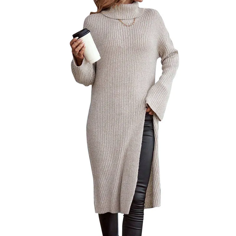 Cozy High-Neck Split Sweater Dress for Stylish Autumn and Winter Comfort