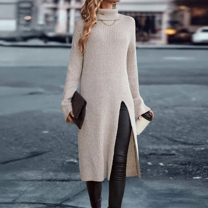 Cozy High-Neck Split Sweater Dress for Stylish Autumn and Winter Comfort