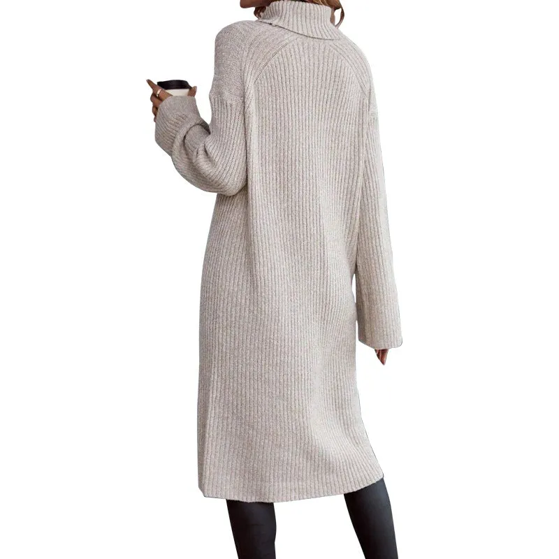 Cozy High-Neck Split Sweater Dress for Stylish Autumn and Winter Comfort