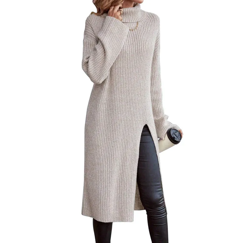 Cozy High-Neck Split Sweater Dress for Stylish Autumn and Winter Comfort