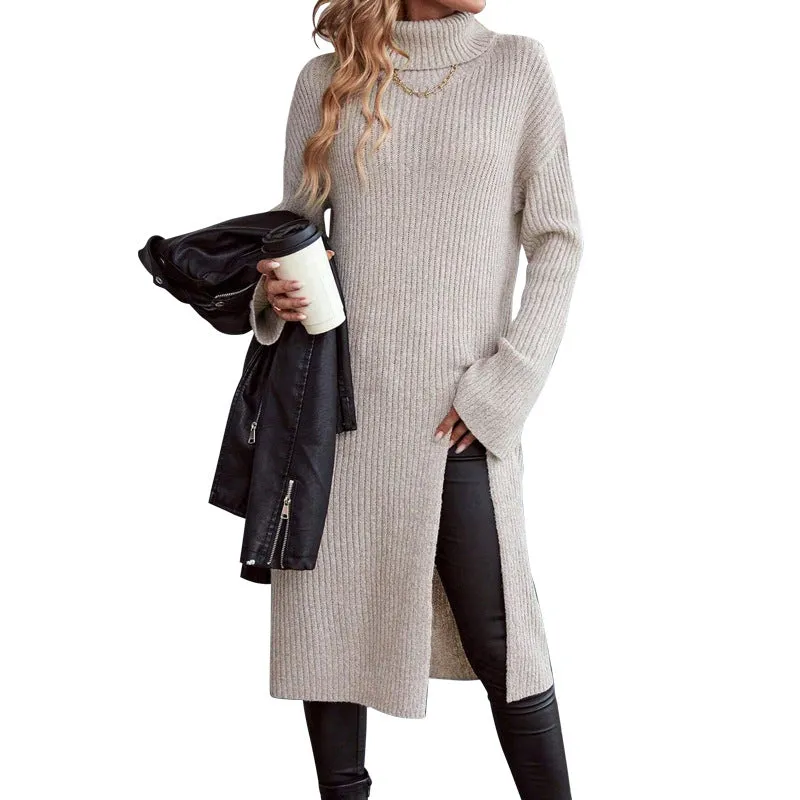Cozy High-Neck Split Sweater Dress for Stylish Autumn and Winter Comfort