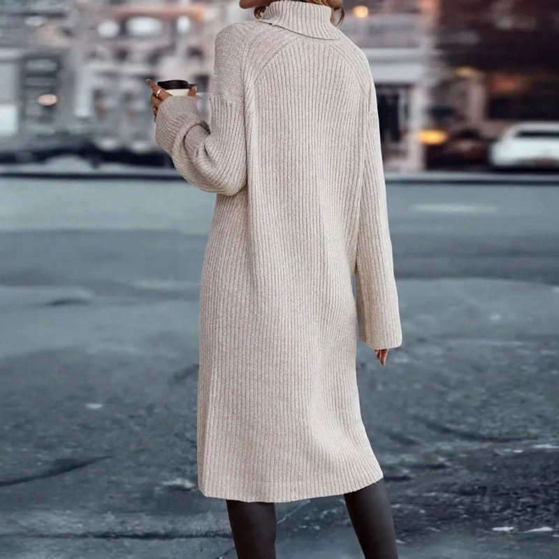 Cozy High-Neck Split Sweater Dress for Stylish Autumn and Winter Comfort