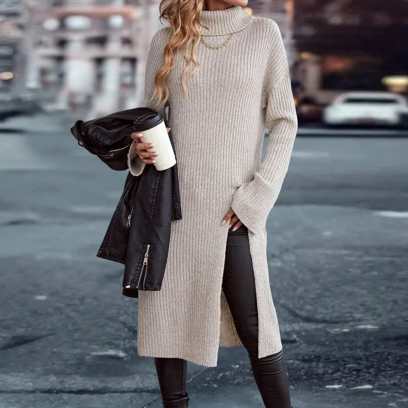 Cozy High-Neck Split Sweater Dress for Stylish Autumn and Winter Comfort