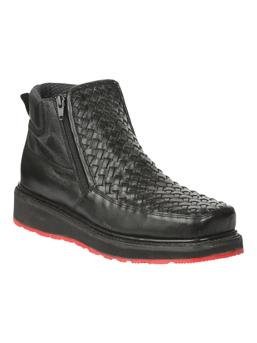 El General Mens Black Woven Ankle Boots with Zipper - Black