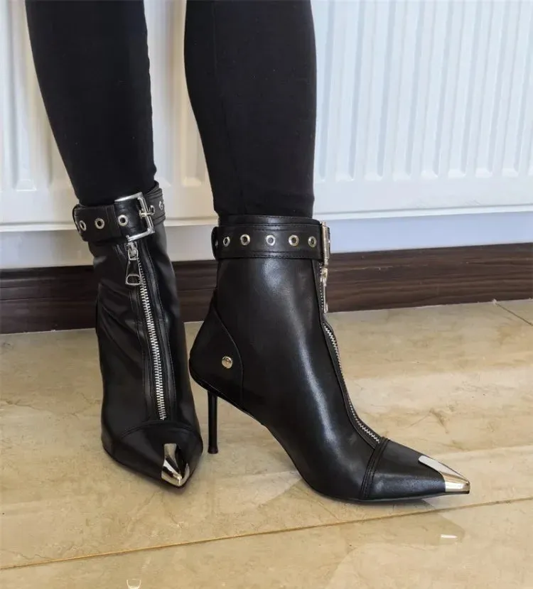 Handmade Women's Red High-Heeled Ankle Boots with Belt Buckle, Front Zipper, Pointed Toe, and Metallic Accent