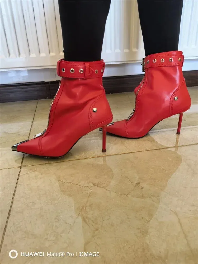 Handmade Women's Red High-Heeled Ankle Boots with Belt Buckle, Front Zipper, Pointed Toe, and Metallic Accent