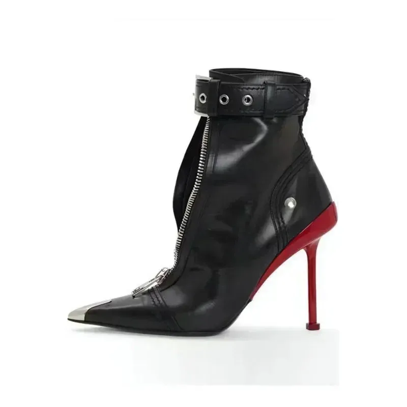 Handmade Women's Red High-Heeled Ankle Boots with Belt Buckle, Front Zipper, Pointed Toe, and Metallic Accent