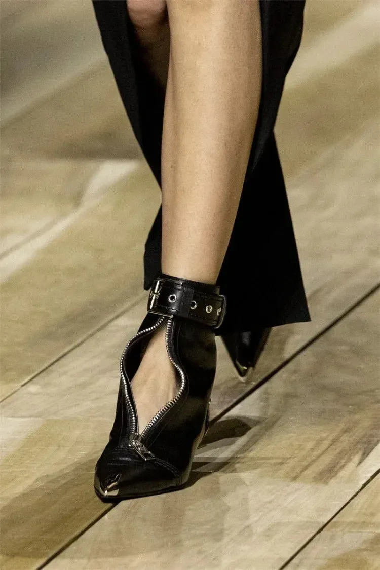 Handmade Women's Red High-Heeled Ankle Boots with Belt Buckle, Front Zipper, Pointed Toe, and Metallic Accent