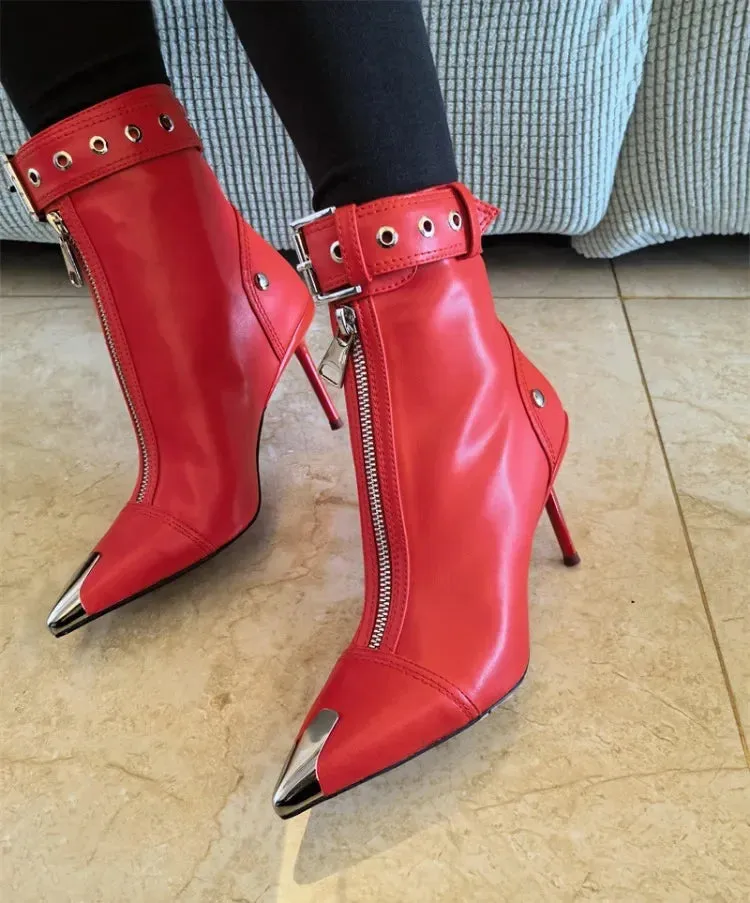 Handmade Women's Red High-Heeled Ankle Boots with Belt Buckle, Front Zipper, Pointed Toe, and Metallic Accent