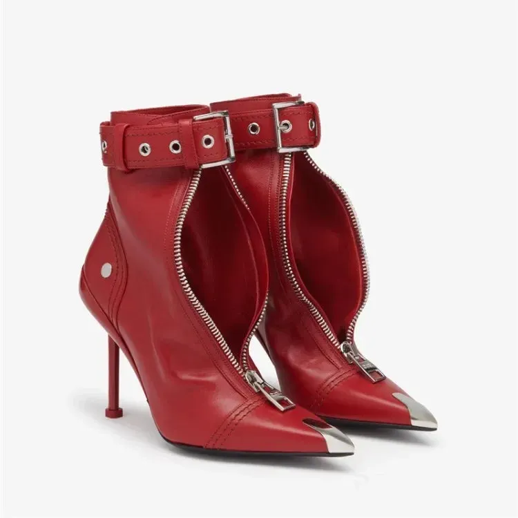 Handmade Women's Red High-Heeled Ankle Boots with Belt Buckle, Front Zipper, Pointed Toe, and Metallic Accent