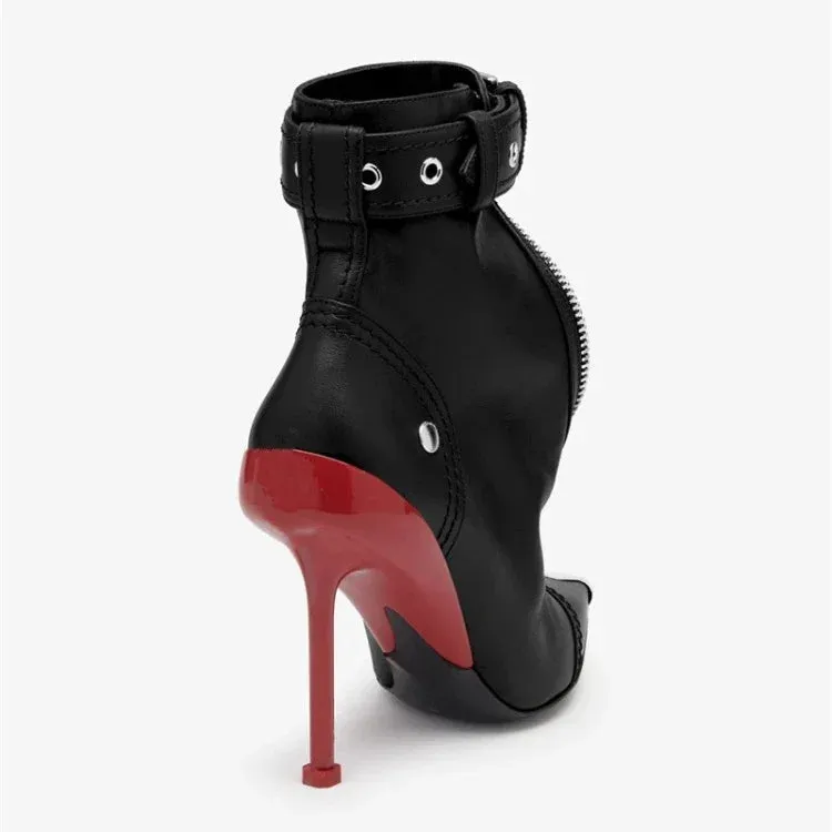 Handmade Women's Red High-Heeled Ankle Boots with Belt Buckle, Front Zipper, Pointed Toe, and Metallic Accent