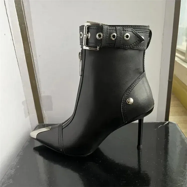 Handmade Women's Red High-Heeled Ankle Boots with Belt Buckle, Front Zipper, Pointed Toe, and Metallic Accent
