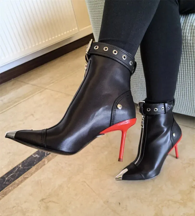 Handmade Women's Red High-Heeled Ankle Boots with Belt Buckle, Front Zipper, Pointed Toe, and Metallic Accent