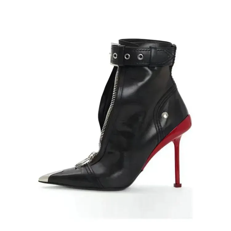 Handmade Women's Red High-Heeled Ankle Boots with Belt Buckle, Front Zipper, Pointed Toe, and Metallic Accent