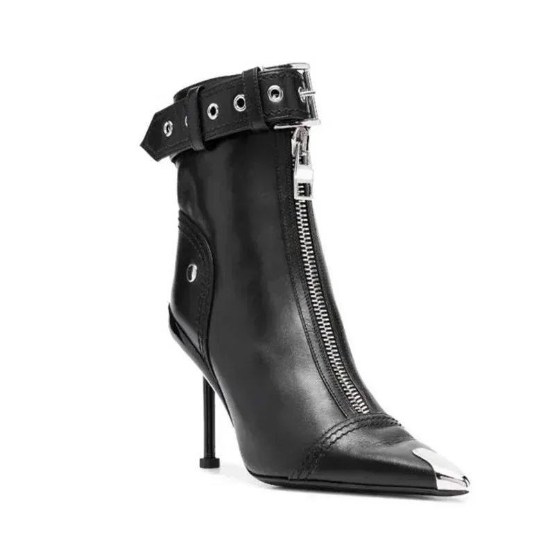 Handmade Women's Red High-Heeled Ankle Boots with Belt Buckle, Front Zipper, Pointed Toe, and Metallic Accent