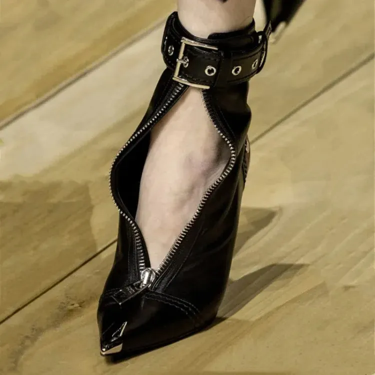 Handmade Women's Red High-Heeled Ankle Boots with Belt Buckle, Front Zipper, Pointed Toe, and Metallic Accent